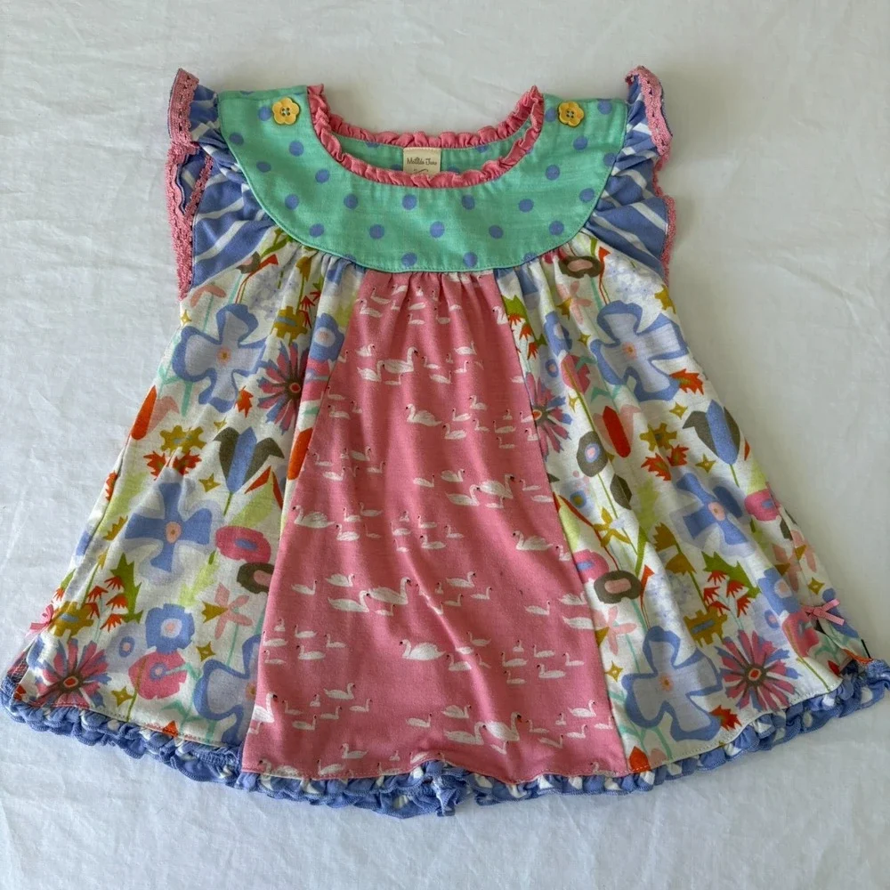 Matilda Jane Girls Multicolor Swan Print Floral Ruffle Tunic Top Size 4